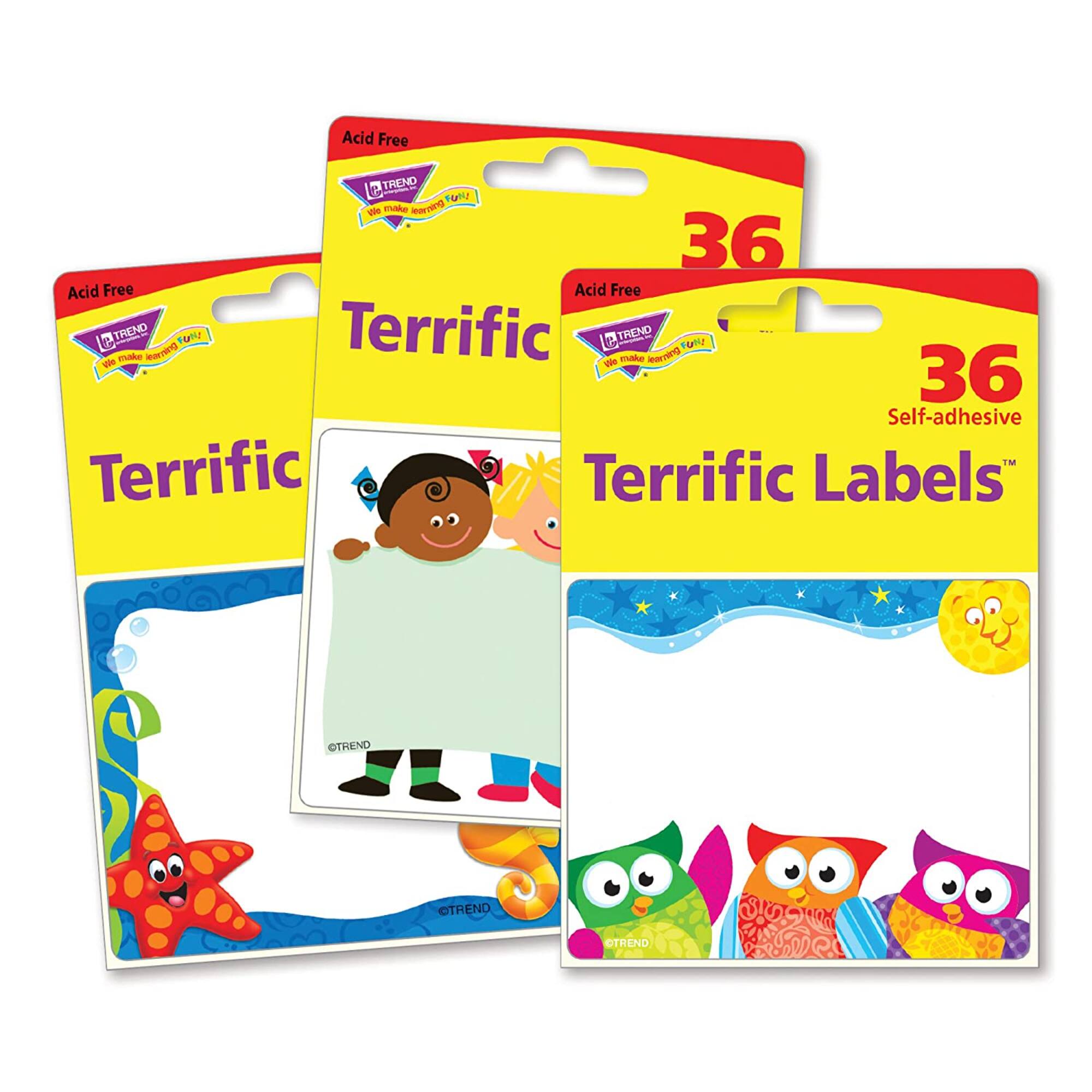 Trend Enterprises® Friendly Faces Terrific Labels™ Variety Pack, 3 Packs of 36
